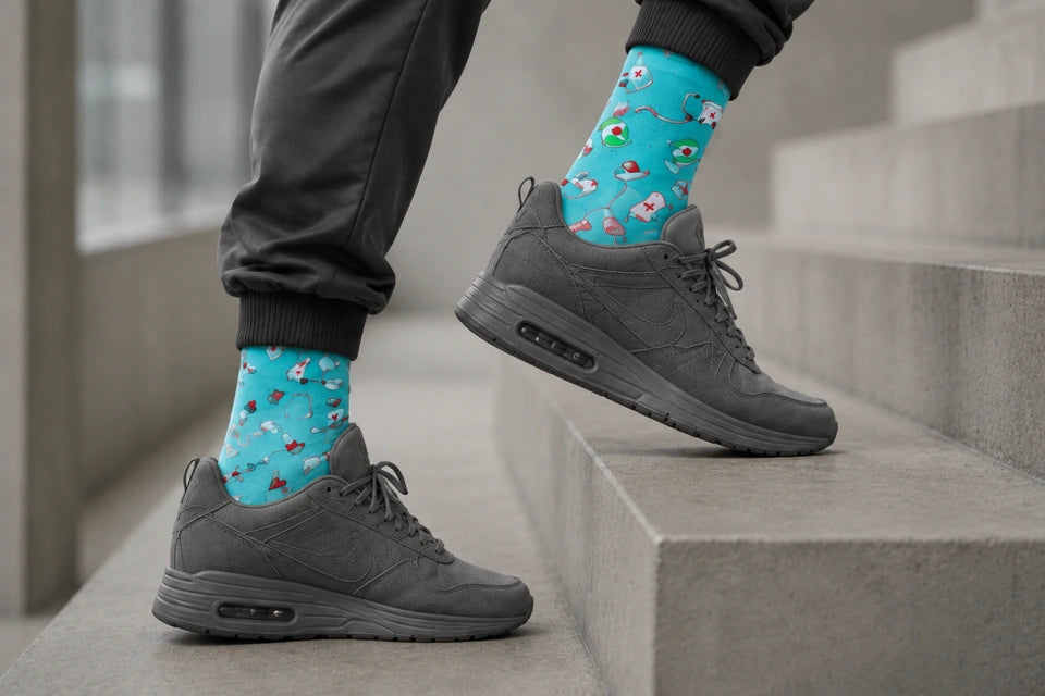 Colorful medical socks and gray sneakers on a hospital stairwell.