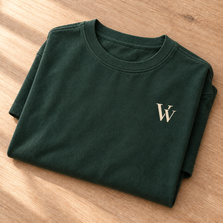 Planned design preview: front of the Forest oversized Social Club tee, folded on an oak table, showing the small cream VV monogram on the left chest.