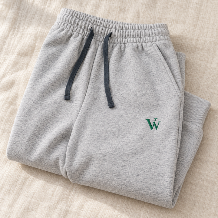 Folded Athletic Heather joggers with dark drawcords and green VV embroidery, showing the waistband, fabric and cuff details.