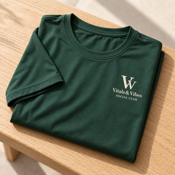 Planned design preview: folded garment detail of forest green performance tee with cream VV, Vitals & Vibes and Social Club chest print