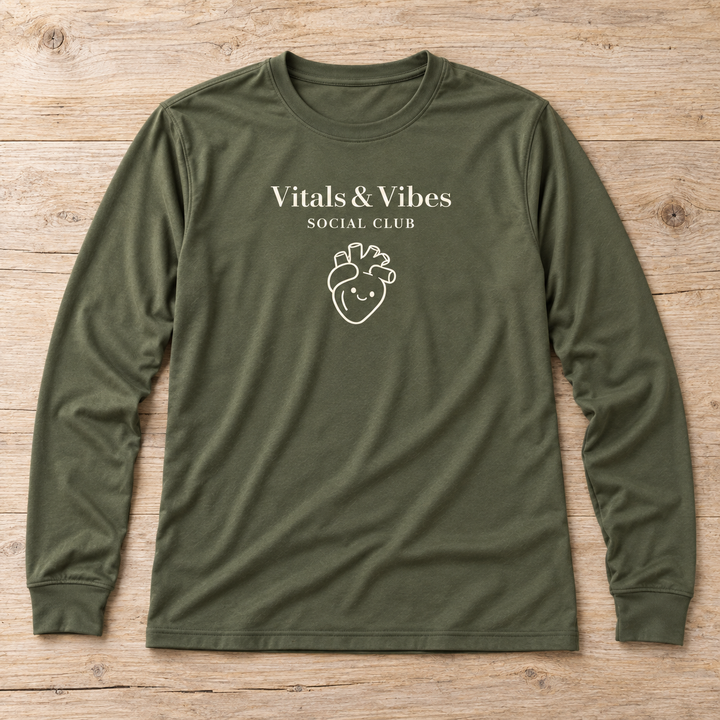 Planned design preview: full garment laid flat of olive performance long sleeve with cream Vitals & Vibes, Social Club and smiling heart print