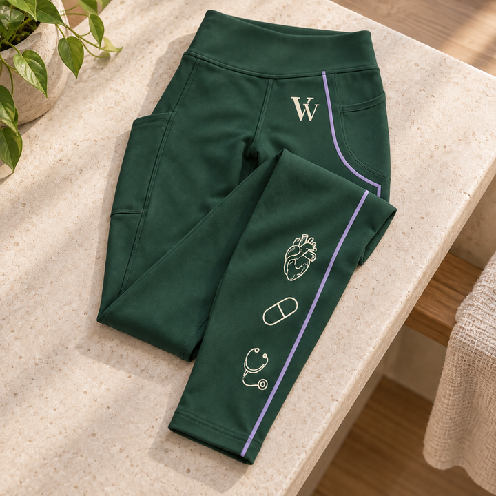 Folded forest-green pocket leggings on limestone, showing the side pocket, cream VV and medical illustrations beside the lavender stripe.