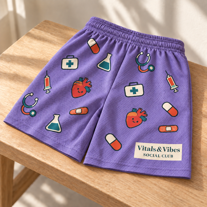 Planned design preview: gently arranged close detail of lavender medical scatter mesh shorts with printed Vitals & Vibes Social Club panel