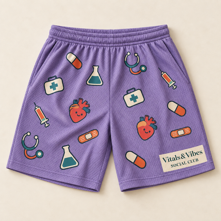 Planned design preview: full garment laid flat of lavender medical scatter mesh shorts with printed Vitals & Vibes Social Club panel