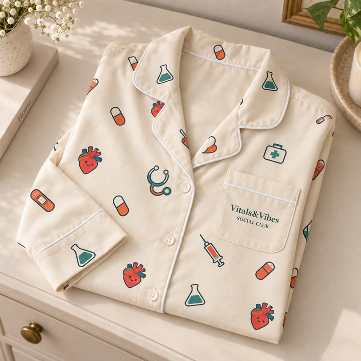 Folded cream medical-print pajama top on a wooden dresser, with a close view of the white-piped Vitals & Vibes Social Club chest pocket.