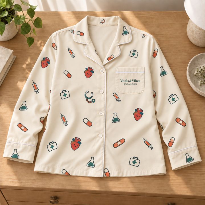Cream medical-print pajama top laid flat on warm wood, showing white piping, buttons and the branded wearer-left chest pocket.