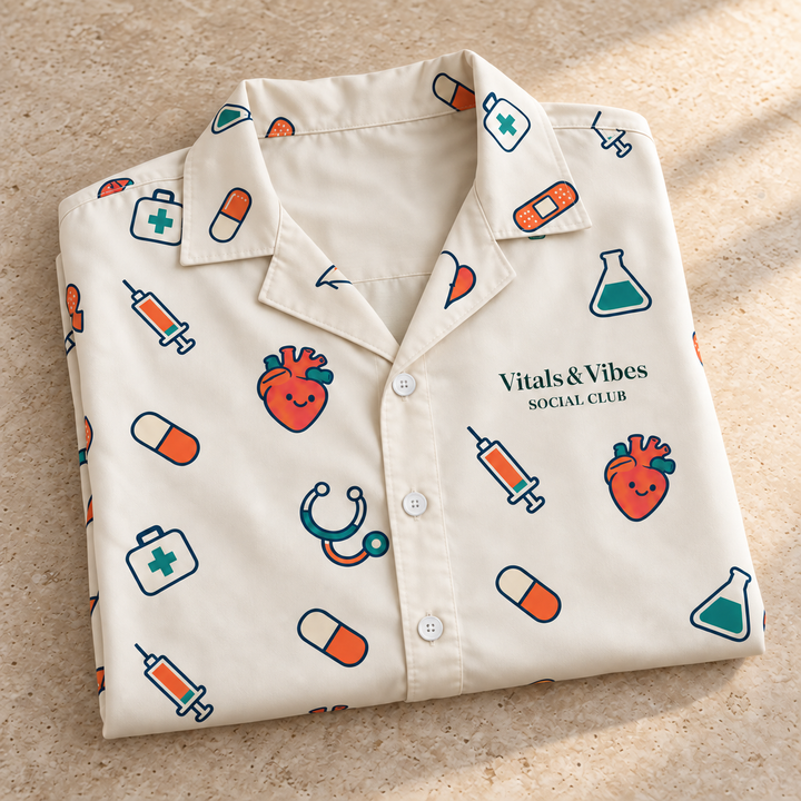 Folded cream Medical Scatter button shirt on limestone, with a closer view of the camp collar, white buttons, medical illustrations and Vitals & Vibes Social Club design.