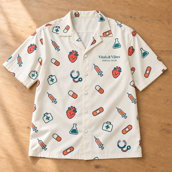 Cream Medical Scatter button shirt laid flat on pale oak, showing the camp collar, white buttons, colorful medical illustrations and Vitals & Vibes Social Club chest design.