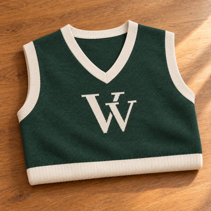 Folded Pine collegiate knitted vest on warm oak, with a close view of the fine knit, Bone ribbed trim and centered VV monogram.