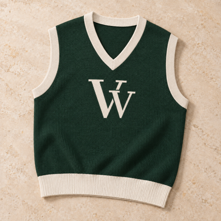 Pine collegiate knitted vest laid flat on pale limestone, showing Bone V-neck, armhole and hem ribs with the central VV knit monogram.