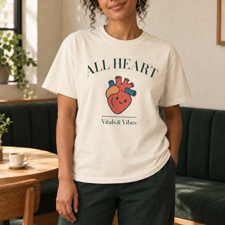 Person wearing an ivory All Heart tee with a smiling anatomical heart and Vitals & Vibes lettering in a cafe.