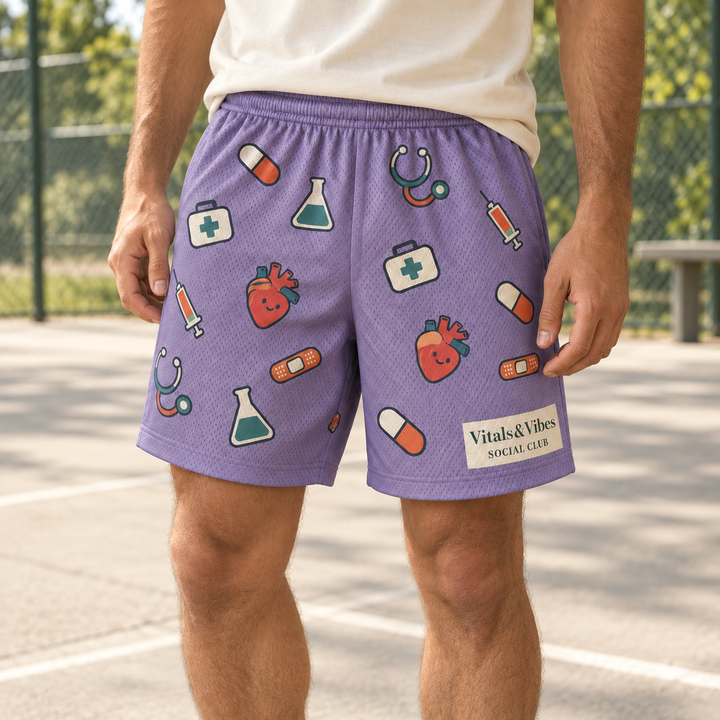 Person beside an outdoor court wearing lavender mesh shorts covered in colorful medical drawings with a cream Social Club panel.