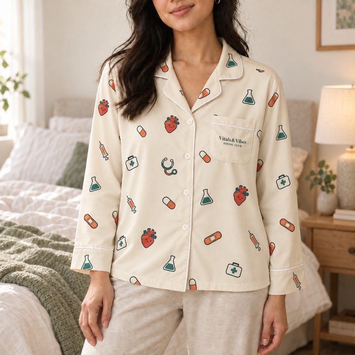 Person in a softly lit bedroom wearing a cream medical-print pajama top with a white-piped chest pocket bearing Vitals & Vibes Social Club.