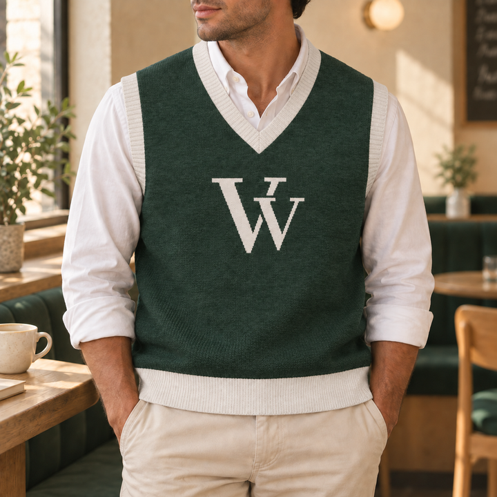 Person in a cafe wearing a Pine knitted vest over a collared shirt, with Bone V-neck, armhole and hem ribs and a centered Bone VV monogram.