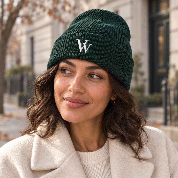 Person wearing a spruce-green cuffed beanie with a small white embroidered VV on a quiet autumn street.