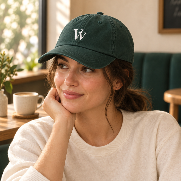 Woman wearing the Spruce-green Everyday dad cap with a small white embroidered VV in a softly lit cafe.