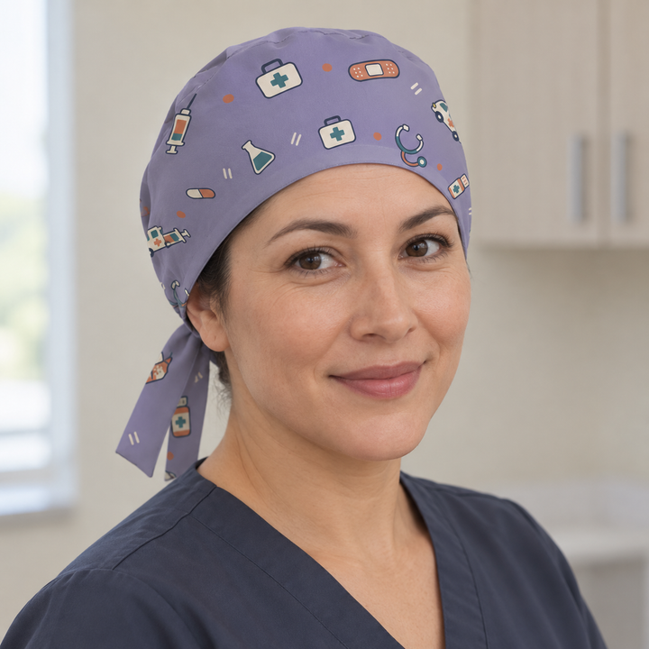 All Medicine Regular Scrub Cap — Front worn view showing the printed regular scrub cap and fitted front edge.