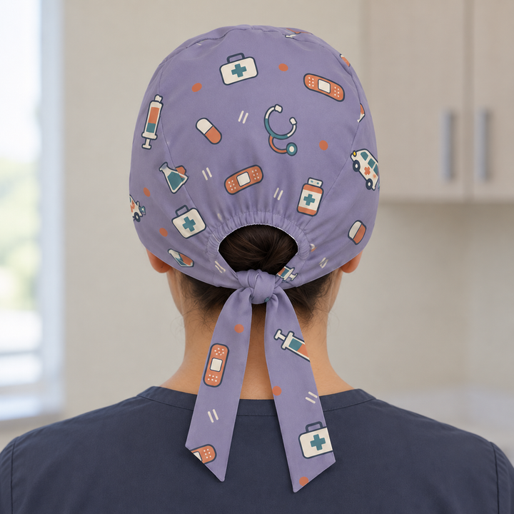 All Medicine Regular Scrub Cap — Rear worn view showing the regular scrub cap with gathered opening and printed self-fabric ties.