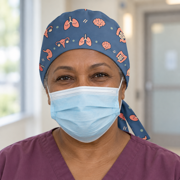 All Organs Regular Scrub Cap — Front worn view showing the printed regular scrub cap and fitted front edge.