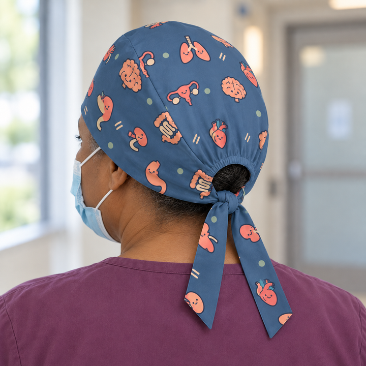 All Organs Regular Scrub Cap — Rear worn view showing the regular scrub cap with gathered opening and printed self-fabric ties.