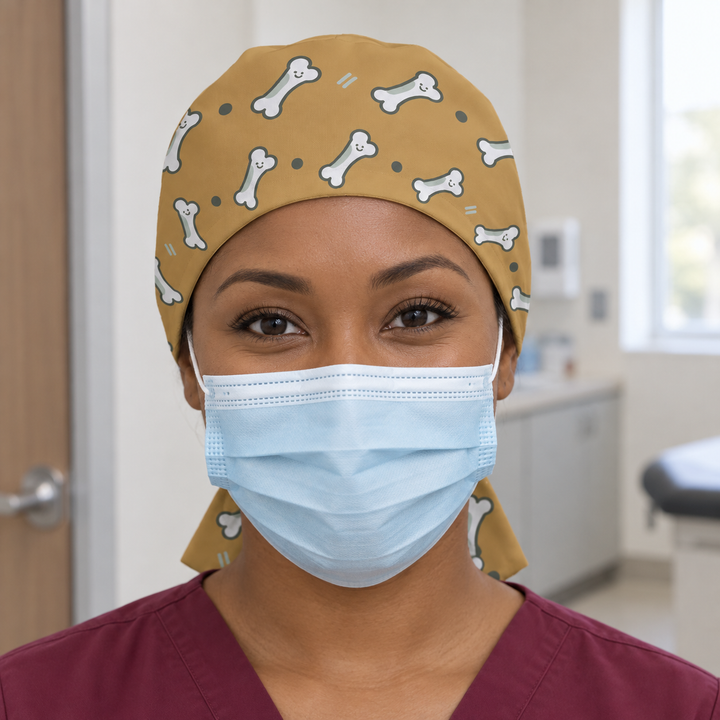Bone Regular Scrub Cap — Front worn view showing the printed regular scrub cap and fitted front edge.