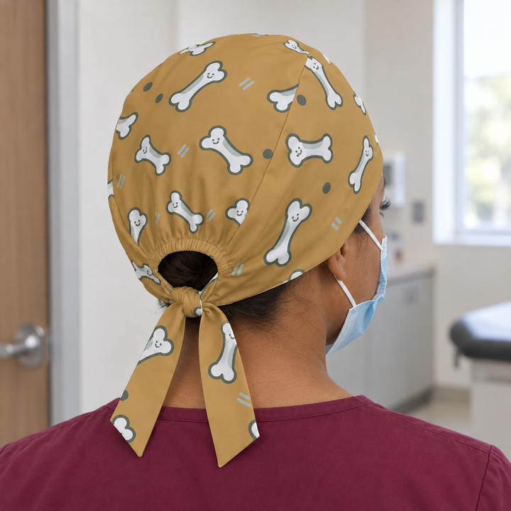 Bone Regular Scrub Cap — Rear worn view showing the regular scrub cap with gathered opening and printed self-fabric ties.
