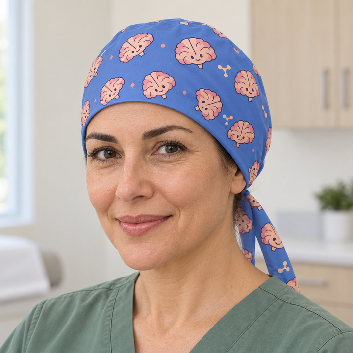 Brain Regular Scrub Cap — Front worn view showing the printed regular scrub cap and fitted front edge.