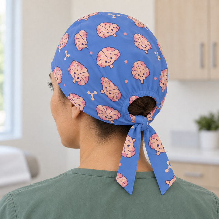 Brain Regular Scrub Cap — Rear worn view showing the regular scrub cap with gathered opening and printed self-fabric ties.