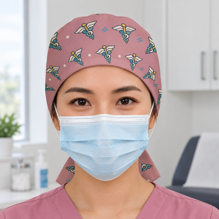 Caduceus Regular Scrub Cap — Front worn view showing the printed regular scrub cap and fitted front edge.
