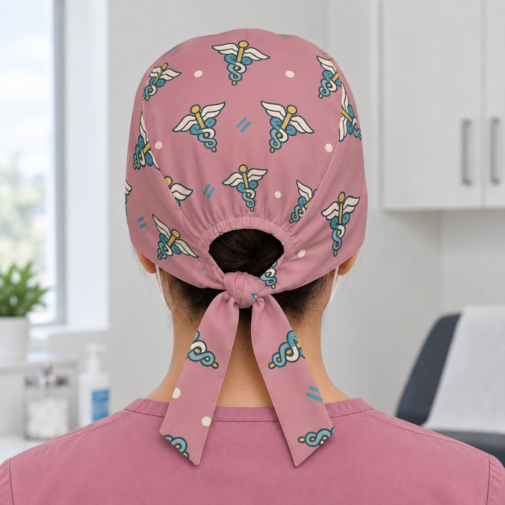 Caduceus Regular Scrub Cap — Rear worn view showing the regular scrub cap with gathered opening and printed self-fabric ties.
