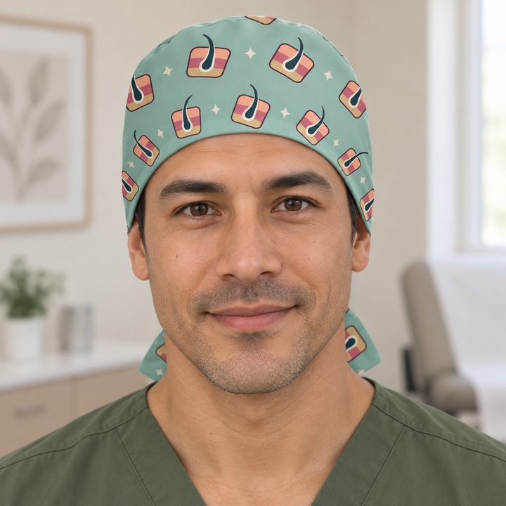Derm Regular Scrub Cap — Front worn view showing the printed regular scrub cap and fitted front edge.