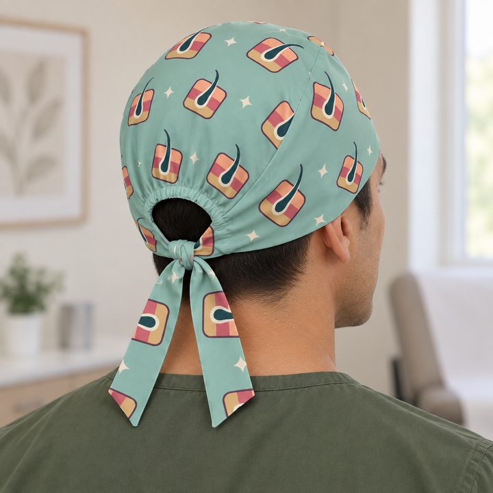 Derm Regular Scrub Cap — Rear worn view showing the regular scrub cap with gathered opening and printed self-fabric ties.