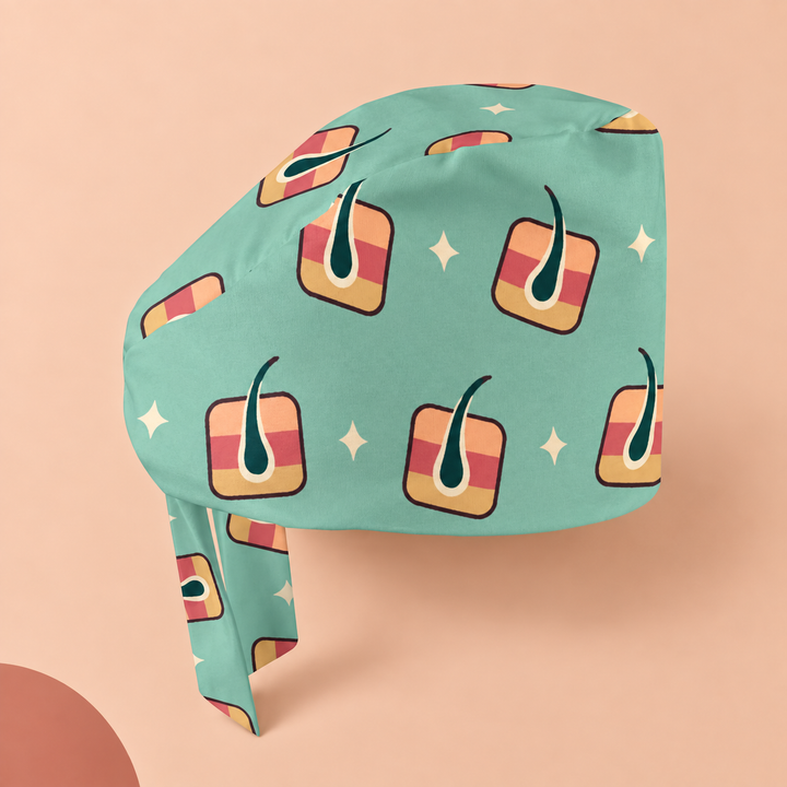 Derm Regular Scrub Cap — Studio view of the printed regular scrub cap on a coordinated background.