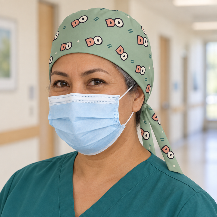 DO Regular Scrub Cap — Front worn view showing the printed regular scrub cap and fitted front edge.