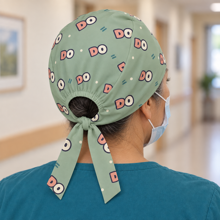 DO Regular Scrub Cap — Rear worn view showing the regular scrub cap with gathered opening and printed self-fabric ties.