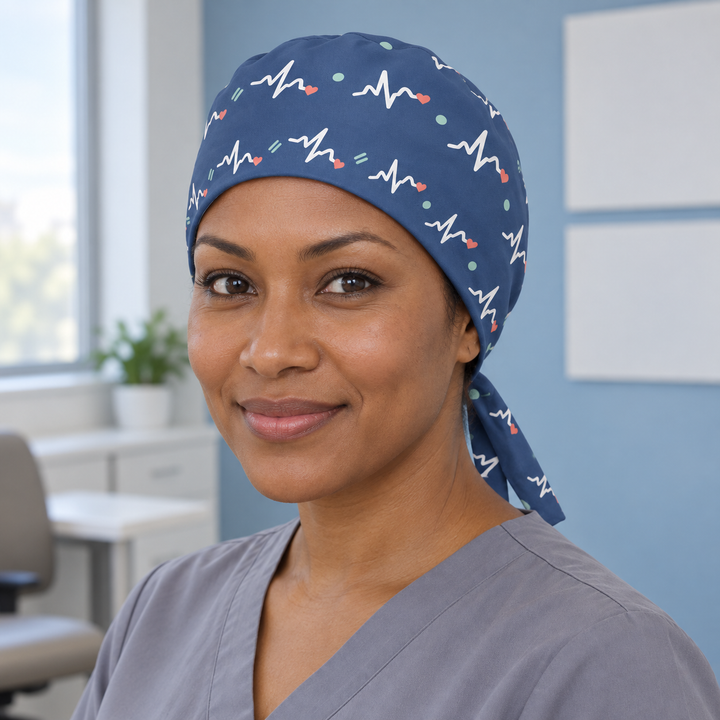 ECG Regular Scrub Cap — Front worn view showing the printed regular scrub cap and fitted front edge.