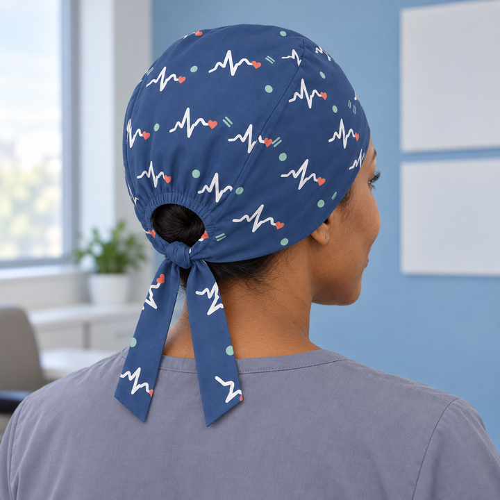 ECG Regular Scrub Cap — Rear worn view showing the regular scrub cap with gathered opening and printed self-fabric ties.