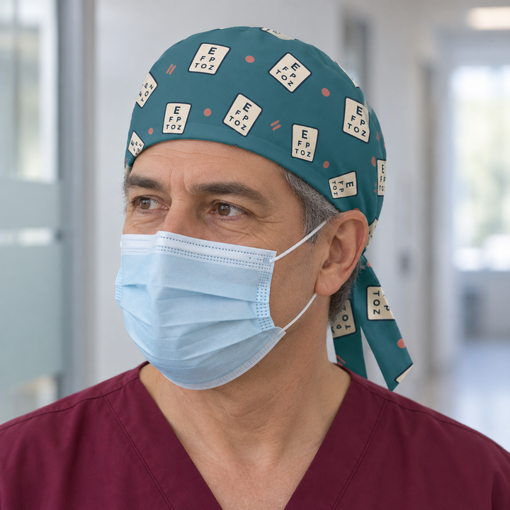 Eye Chart Regular Scrub Cap — Front worn view showing the printed regular scrub cap and fitted front edge.