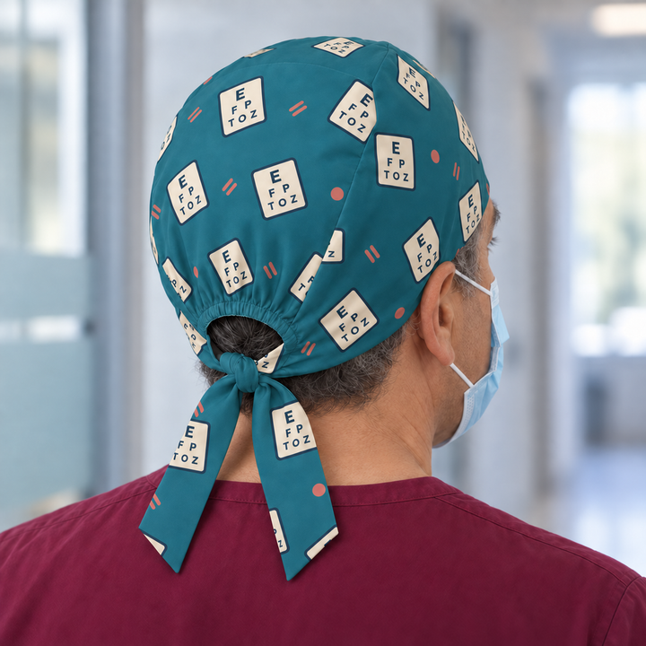Eye Chart Regular Scrub Cap — Rear worn view showing the regular scrub cap with gathered opening and printed self-fabric ties.