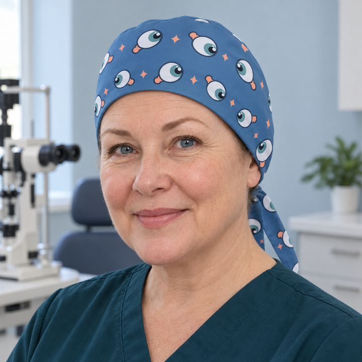 Eye Regular Scrub Cap — Front worn view showing the printed regular scrub cap and fitted front edge.