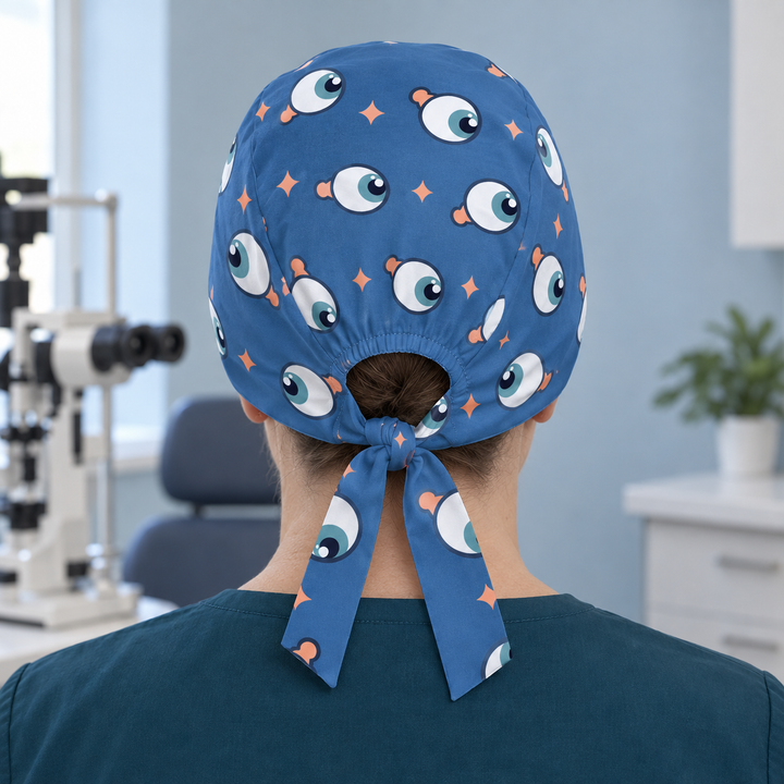 Eye Regular Scrub Cap — Rear worn view showing the regular scrub cap with gathered opening and printed self-fabric ties.