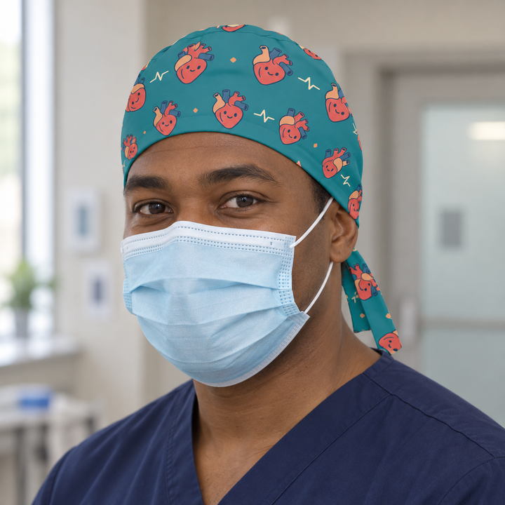 Heart Regular Scrub Cap — Front worn view showing the printed regular scrub cap and fitted front edge.