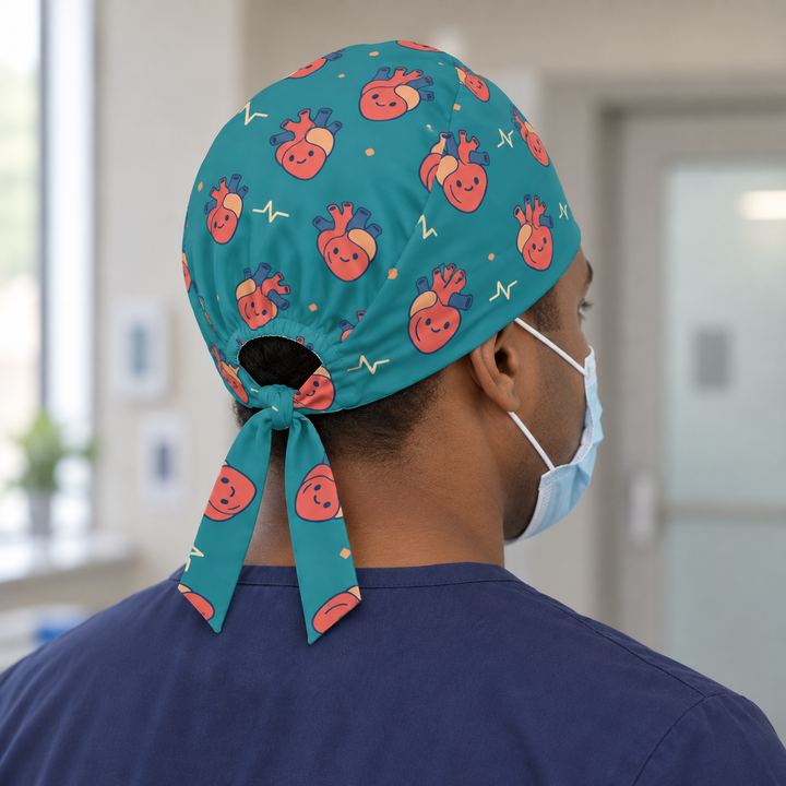 Heart Regular Scrub Cap — Rear worn view showing the regular scrub cap with gathered opening and printed self-fabric ties.