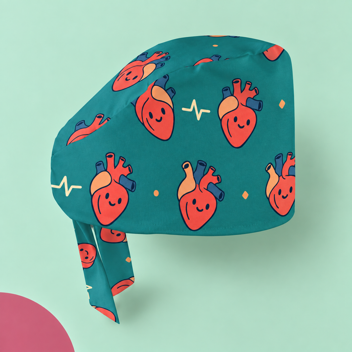Heart Regular Scrub Cap — Studio view of the printed regular scrub cap on a coordinated background.