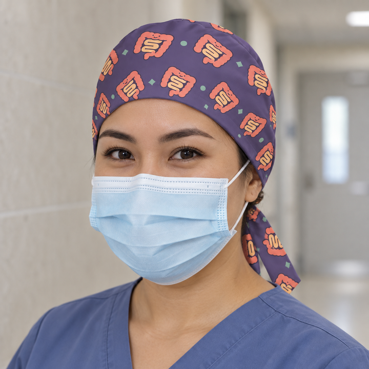 Intestine Regular Scrub Cap — Front worn view showing the printed regular scrub cap and fitted front edge.