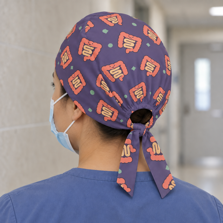 Intestine Regular Scrub Cap — Rear worn view showing the regular scrub cap with gathered opening and printed self-fabric ties.