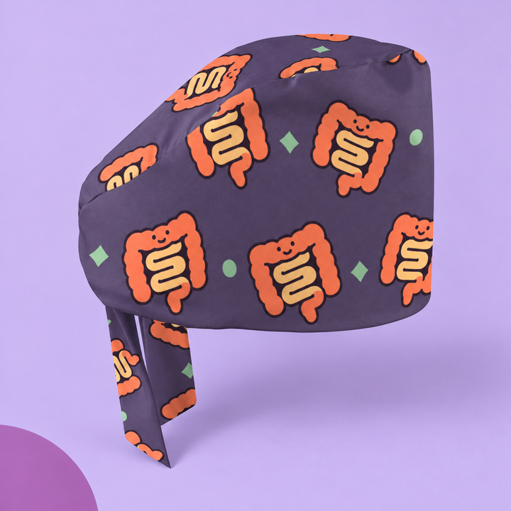 Intestine Regular Scrub Cap — Studio view of the printed regular scrub cap on a coordinated background.