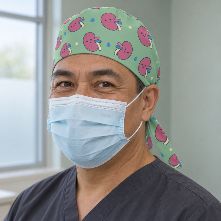 Kidney Regular Scrub Cap — Front worn view showing the printed regular scrub cap and fitted front edge.