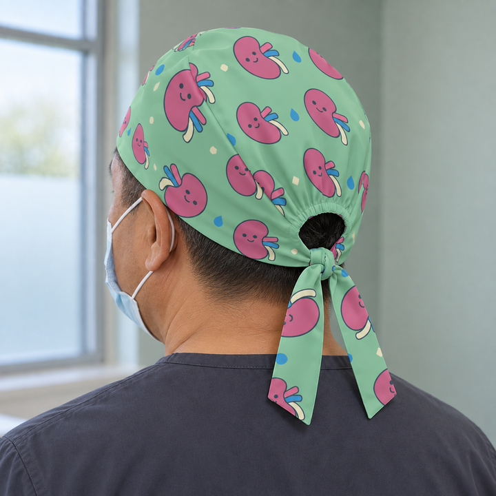 Kidney Regular Scrub Cap — Rear worn view showing the regular scrub cap with gathered opening and printed self-fabric ties.