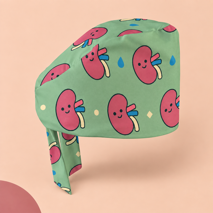 Kidney Regular Scrub Cap — Studio view of the printed regular scrub cap on a coordinated background.